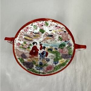 Japanese China Bowl with Handles Geisha Floral Structures Red-Orange Trim
